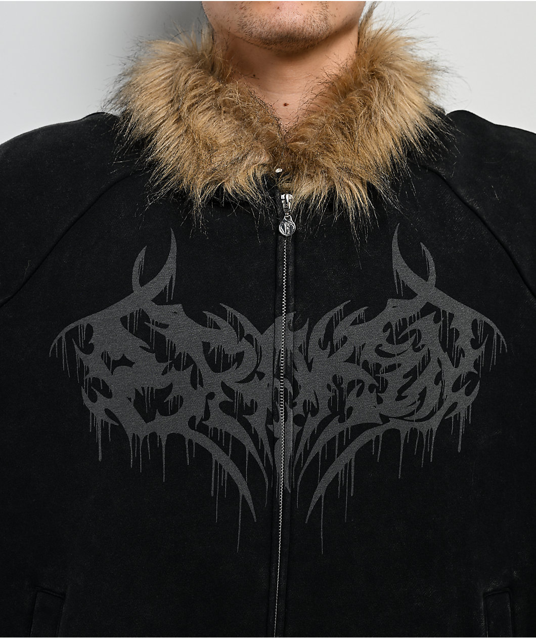 Broken Promises Unruly Black Wash Fur Zip Hoodie