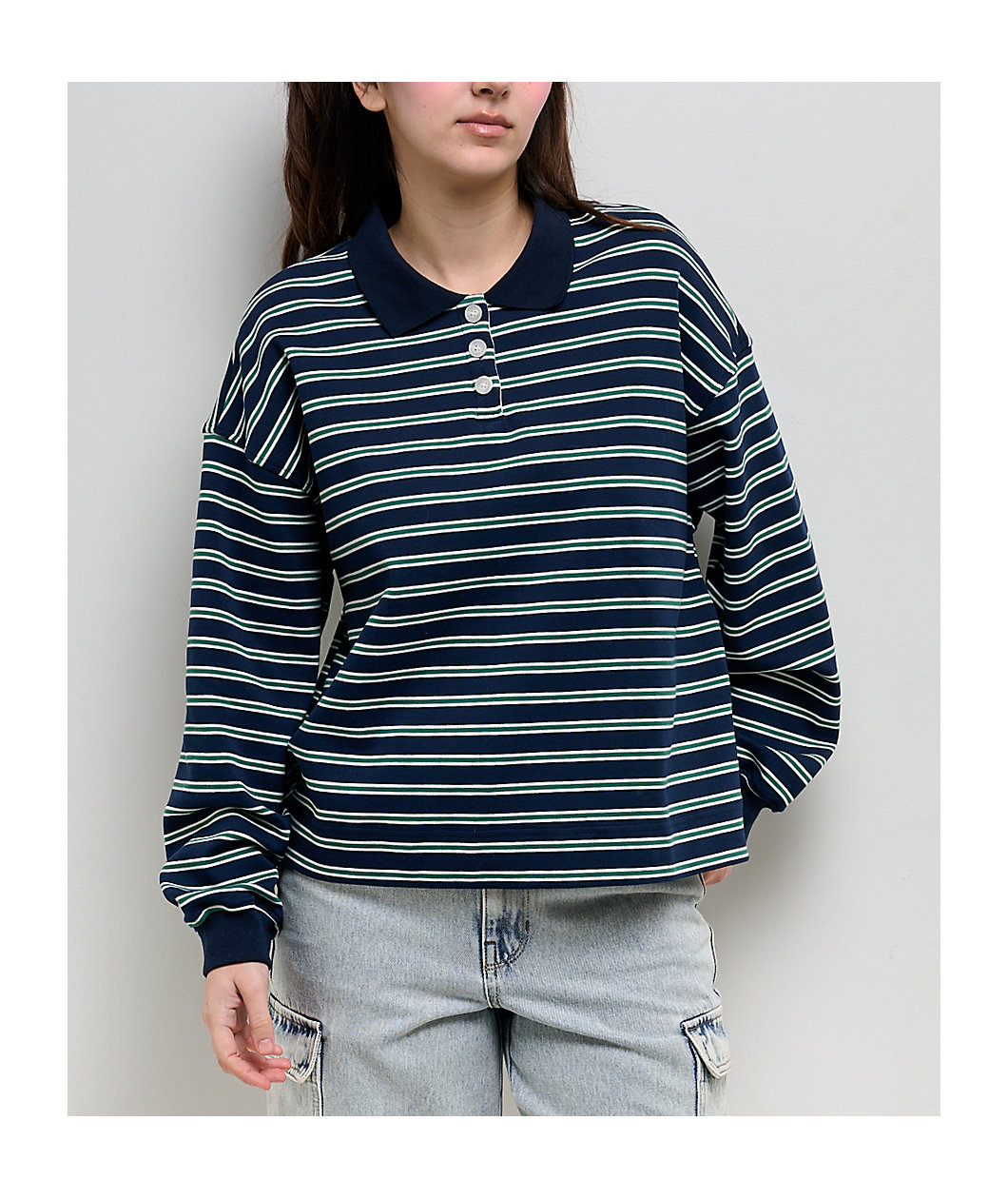 Buttermelon Olive & Navy Stripe Polo Long Sleeve T-Shirt