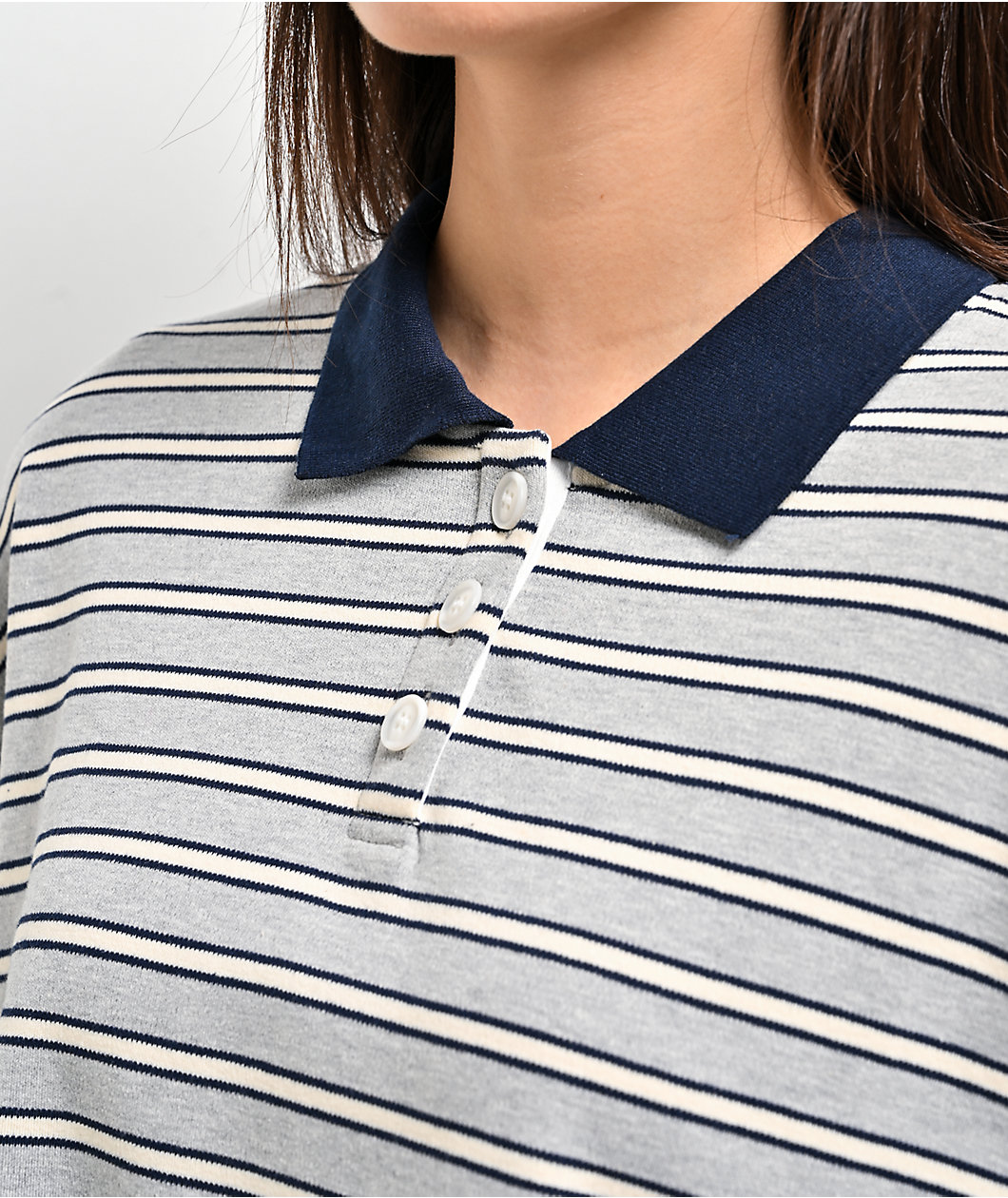 Buttermelon Striped Grey & Navy Long Sleeve Polo Shirt