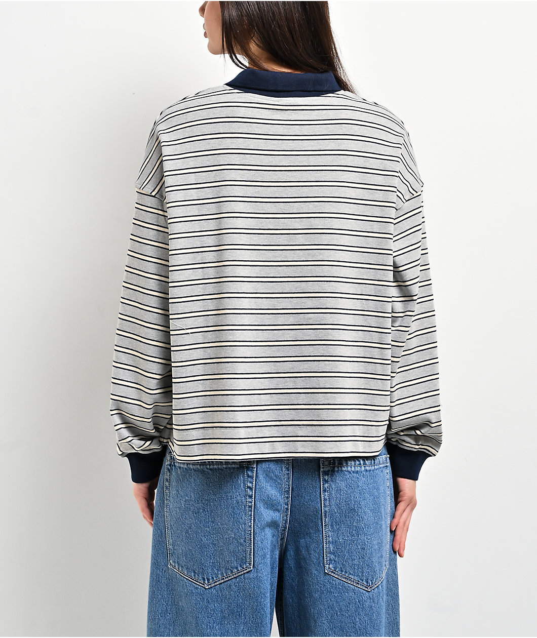 Buttermelon Striped Grey & Navy Long Sleeve Polo Shirt