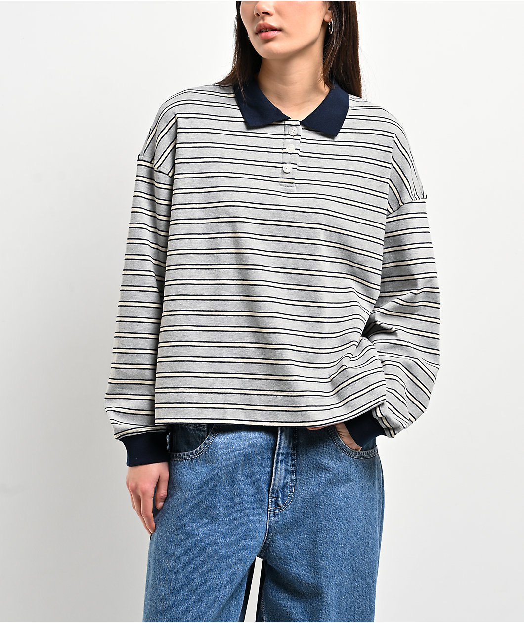 Buttermelon Striped Grey & Navy Long Sleeve Polo Shirt