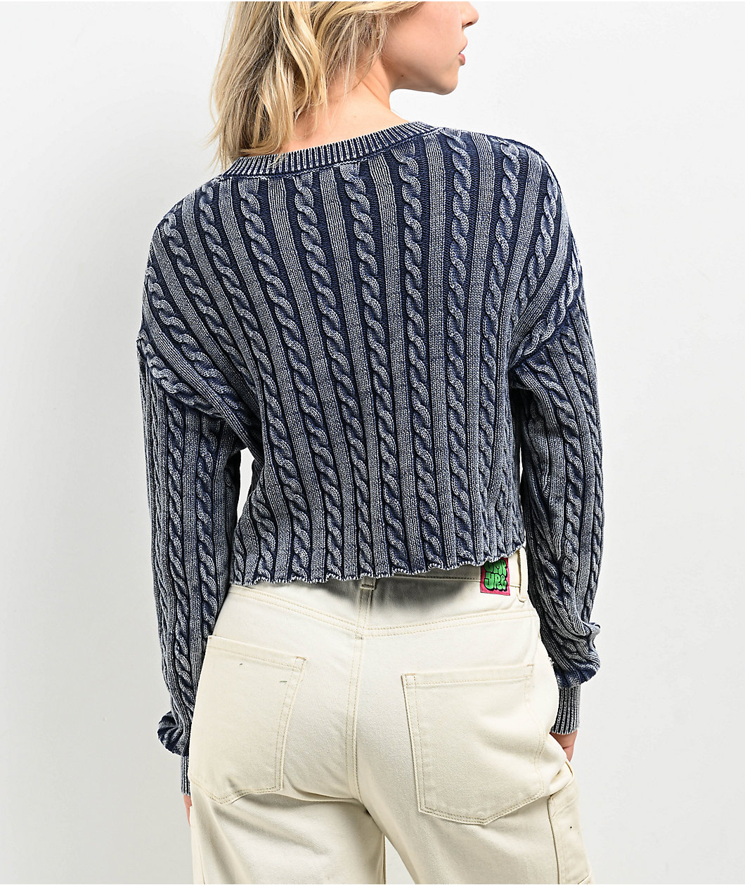 Cali 1850 Washed Navy Long Sleeve Crop Sweater