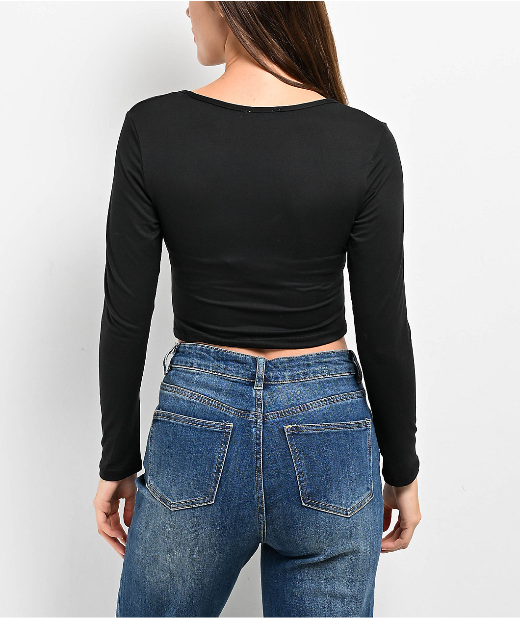 Capella Front Tie Black Long Sleeve Crop Top