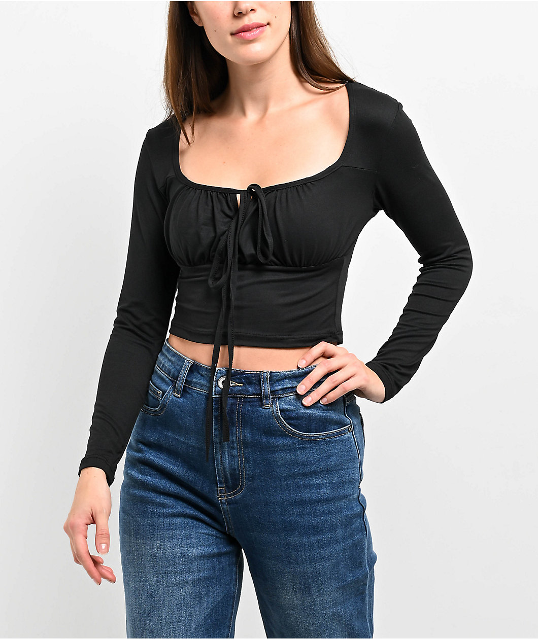 Capella Front Tie Black Long Sleeve Crop Top