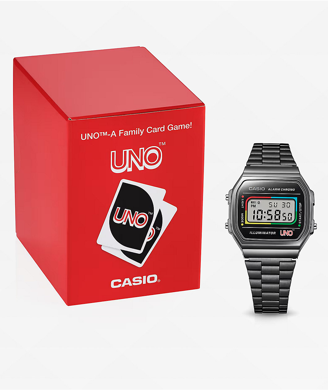 Casio x UNO A168WEUC-1A Black & Gun Metal Vintage Digital Watch