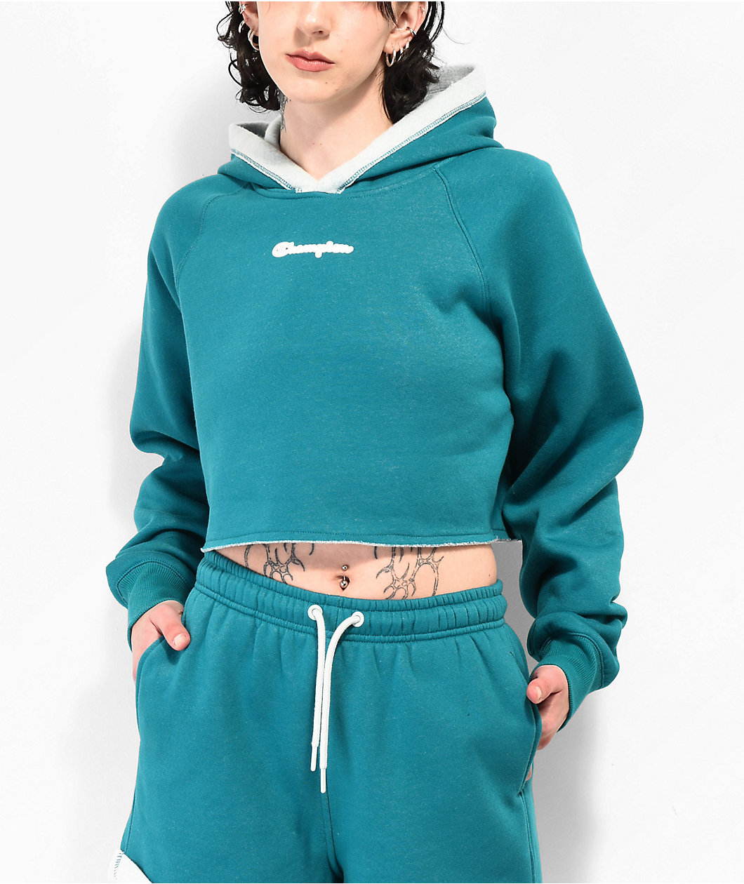 Champion Classic Reverse Weeve Crop Green Hoodie