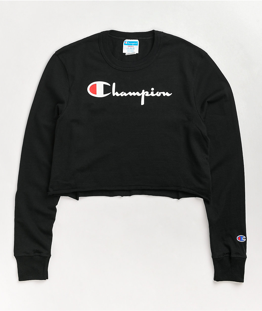 Champion Logo Script Black Crop Long Sleeve T-Shirt