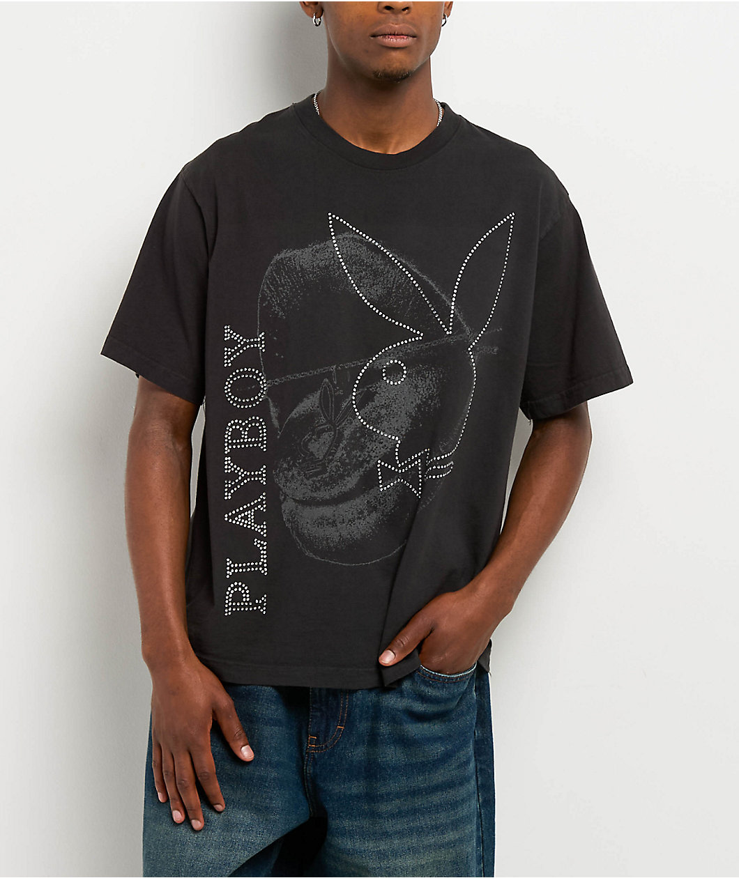 Color Bars x Playboy Rhinestone Lips Black T-Shirt