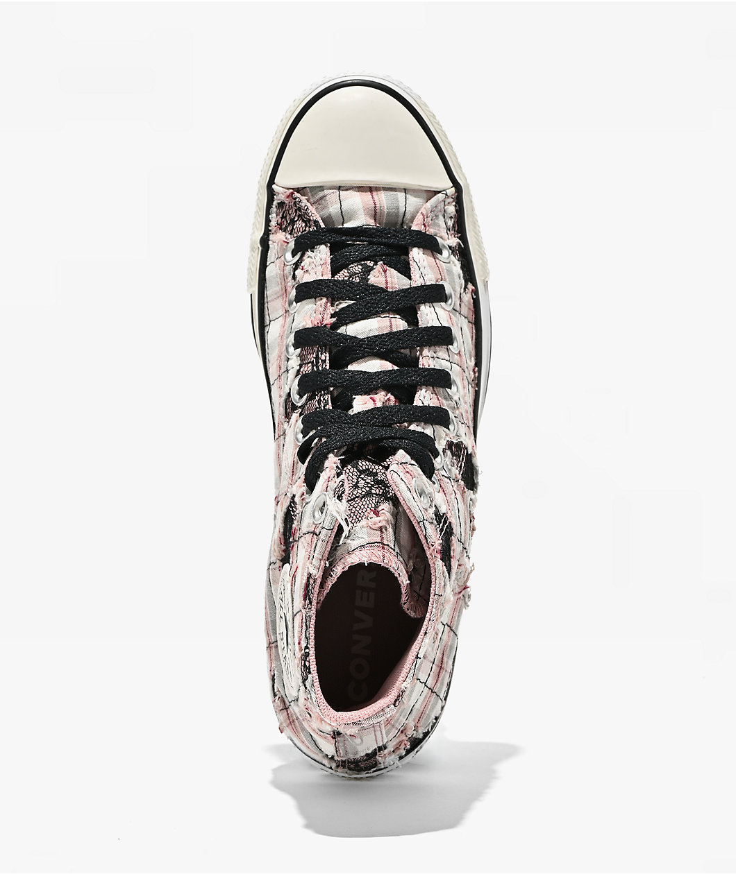 Converse Chuck Taylor All Star Distressed Pink Plaid & Black Lace High Top Shoes