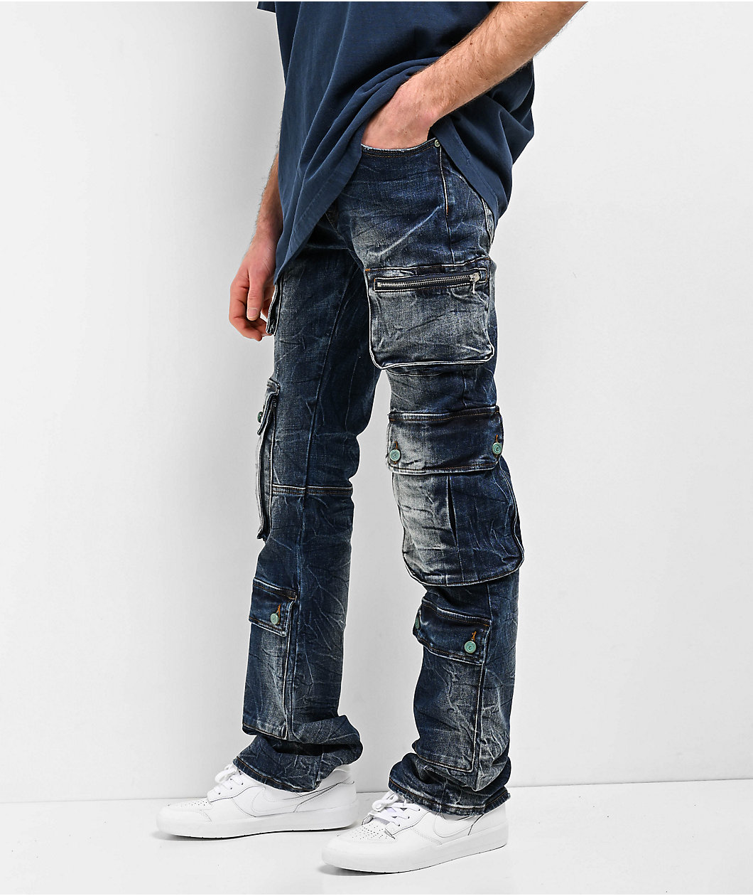 Cookies Core Modern Flare Distressed Blue Cargo Jeans