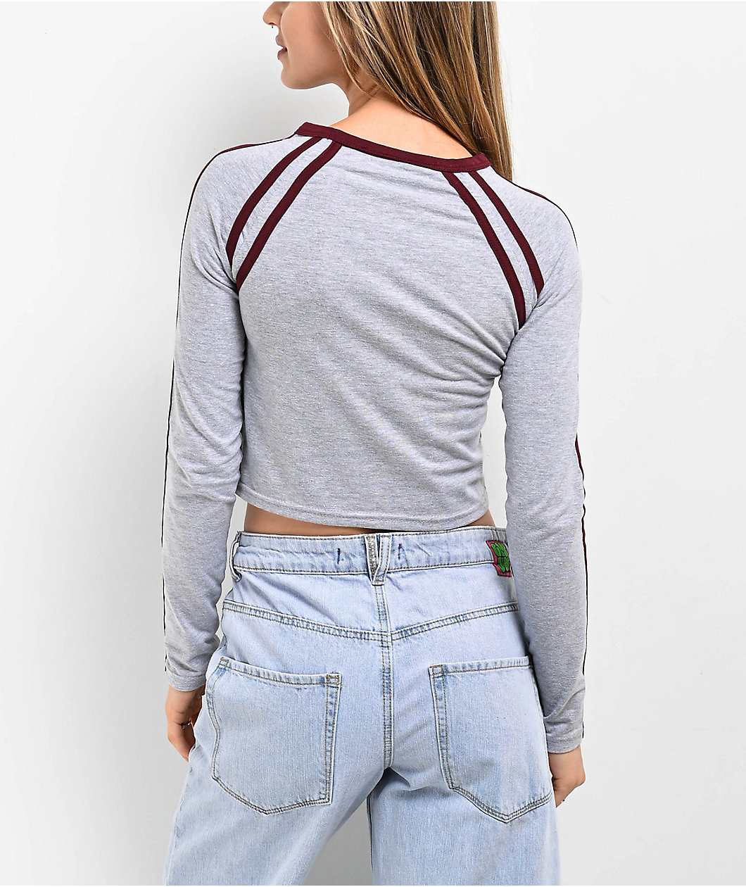 Daisy Street Grey & Burgundy Raglan Long Sleeve Crop T-Shirt