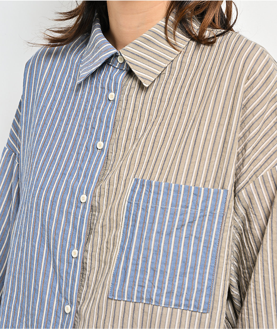 Daisy Street Mixed Stripe Blue & Tan Long Sleeve Button Up Shirt