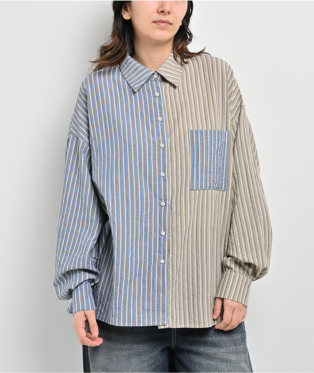 Daisy Street Mixed Stripe Blue & Tan Long Sleeve Button Up Shirt
