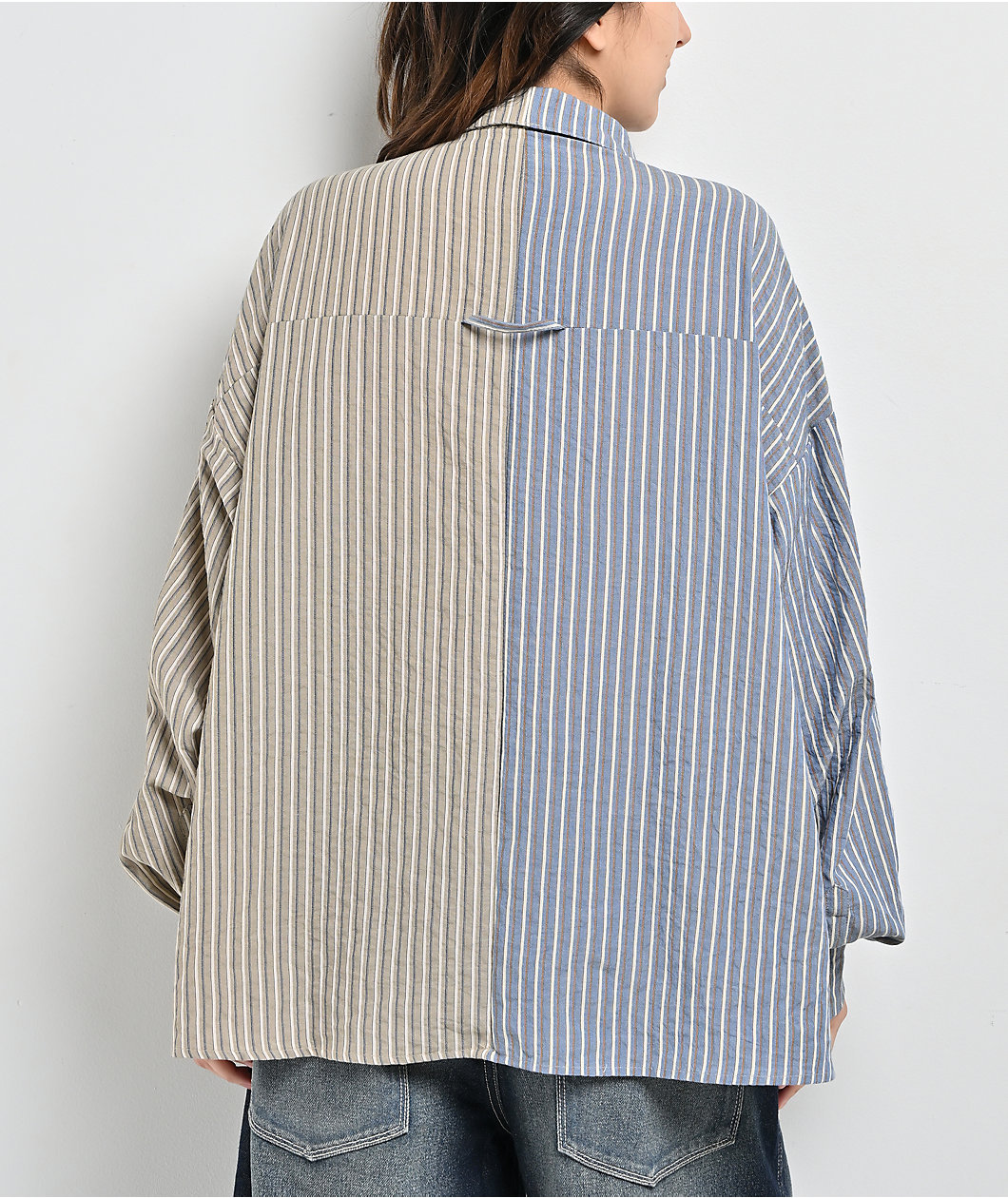 Daisy Street Mixed Stripe Blue & Tan Long Sleeve Button Up Shirt