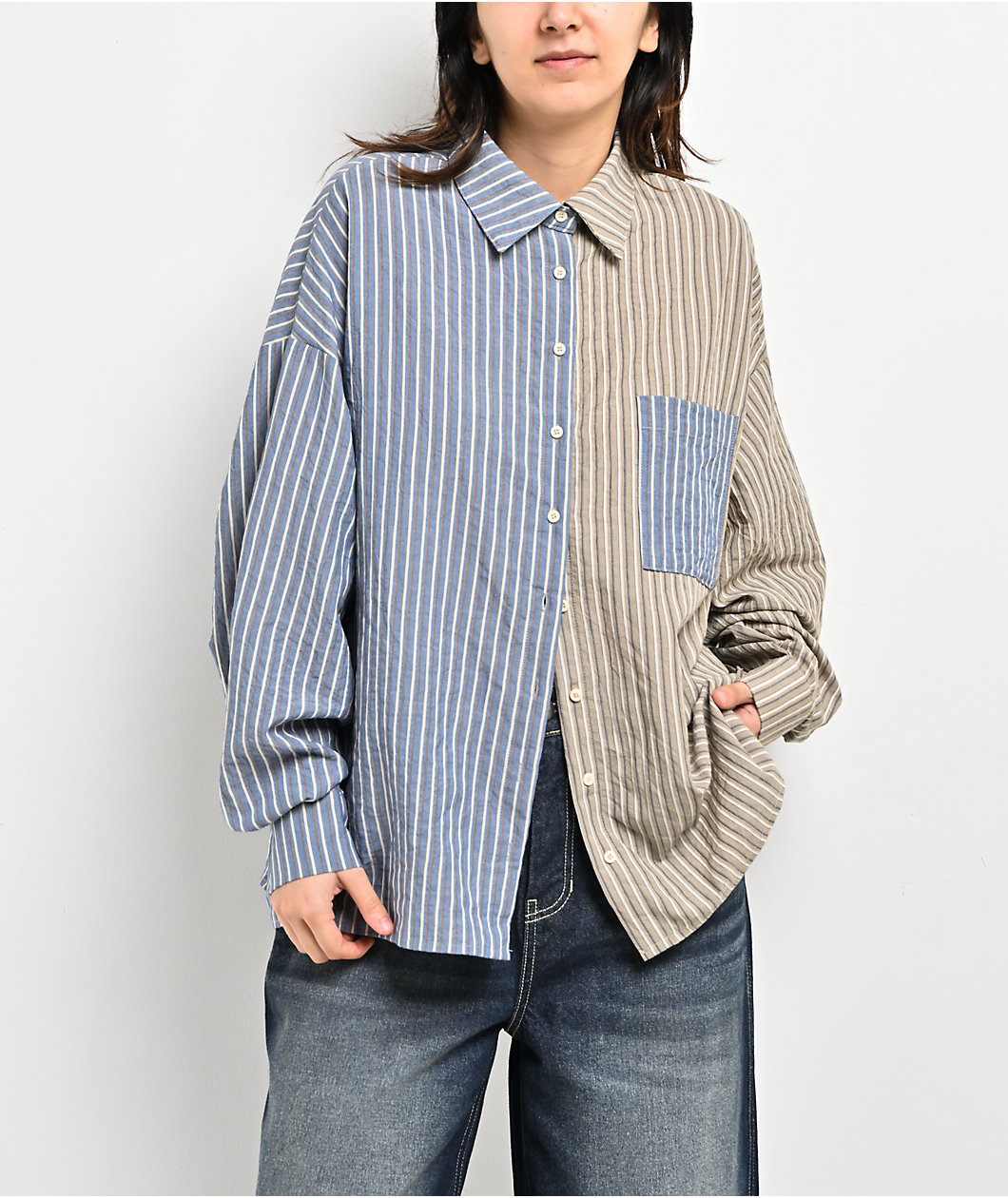Daisy Street Mixed Stripe Blue & Tan Long Sleeve Button Up Shirt