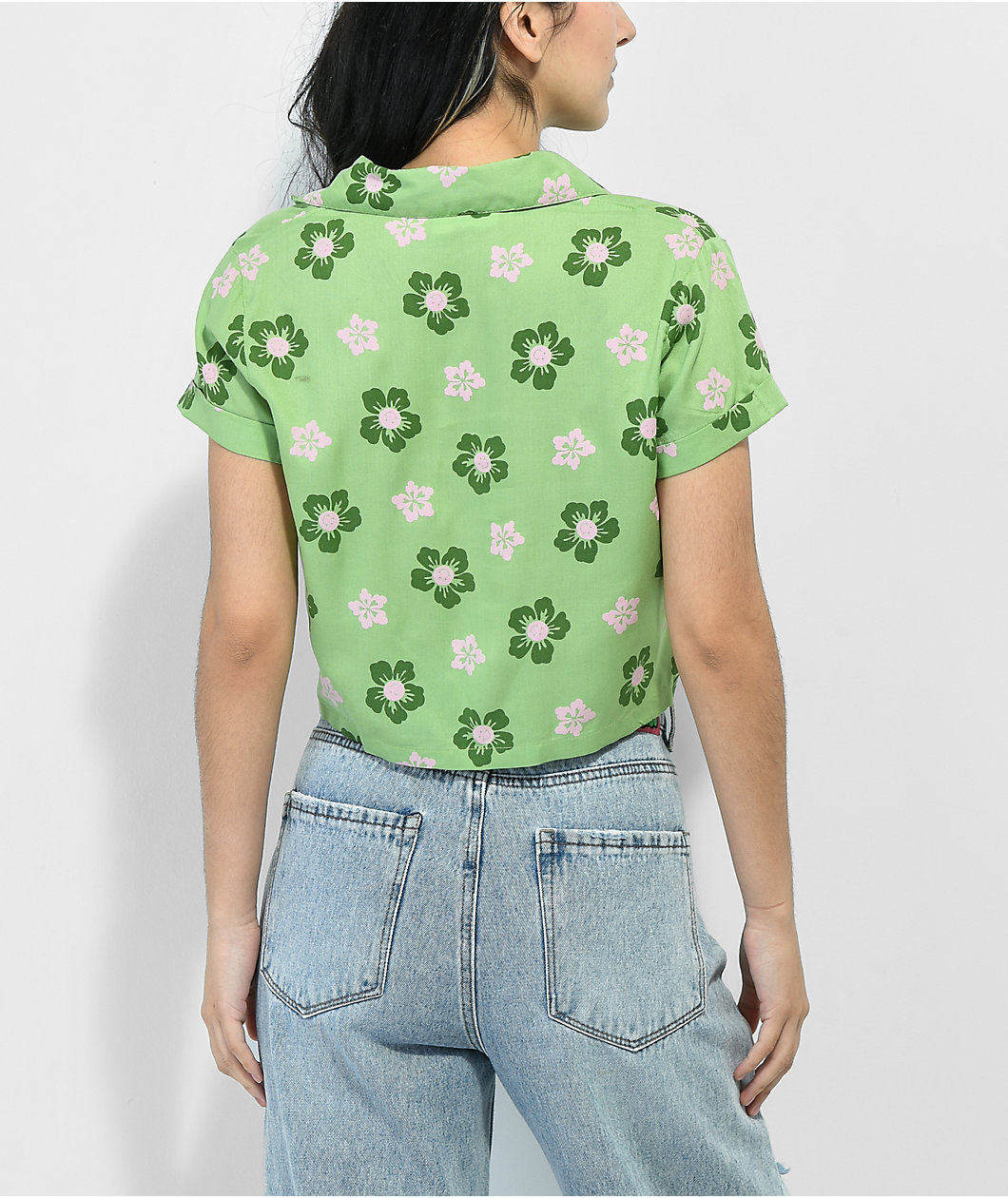 Daisy Street Sadie Hibiscus Green Button Up Short Sleeve Crop Shirt