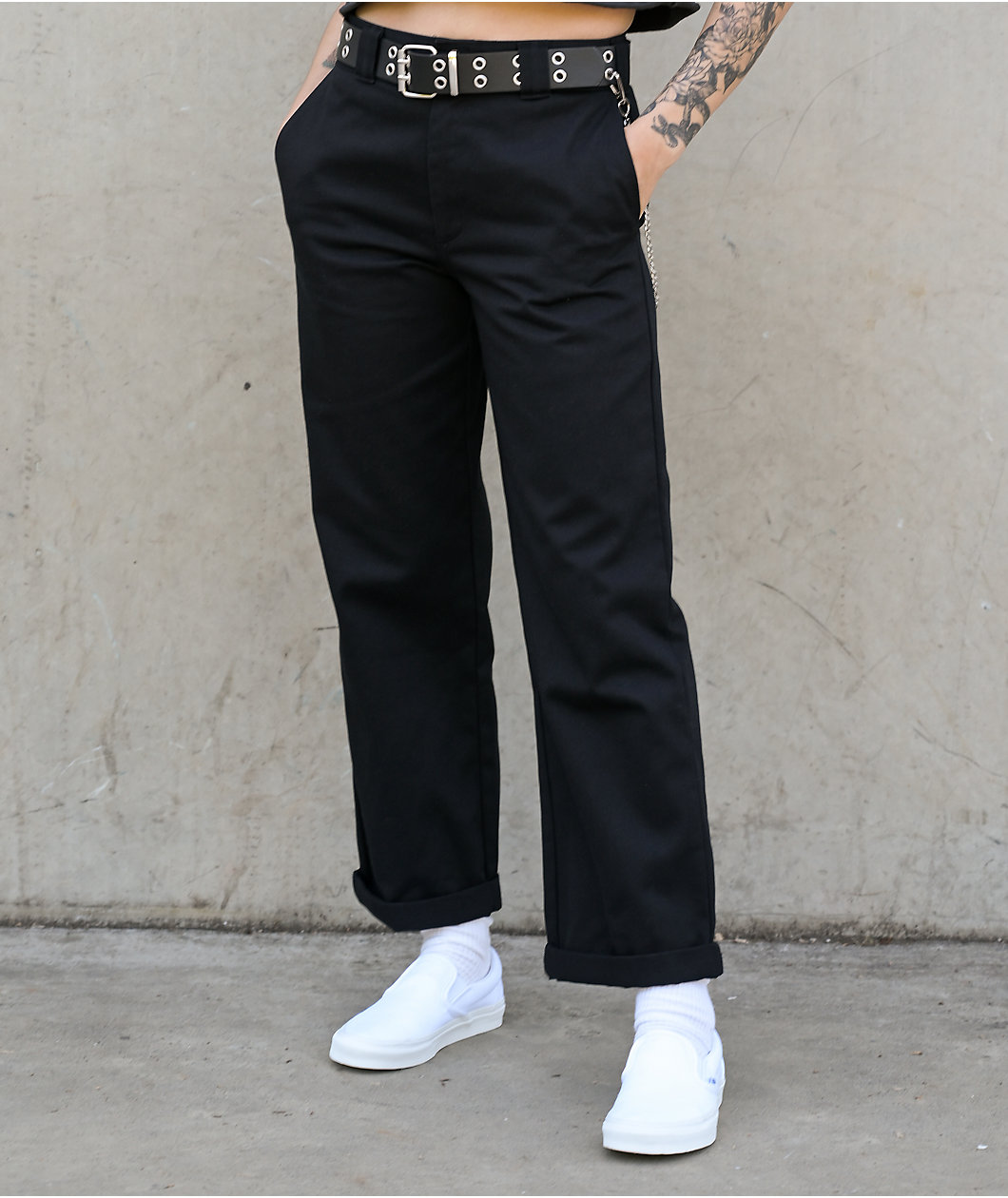 Dickies Roll Hem Belted Black Cropped Work Pants