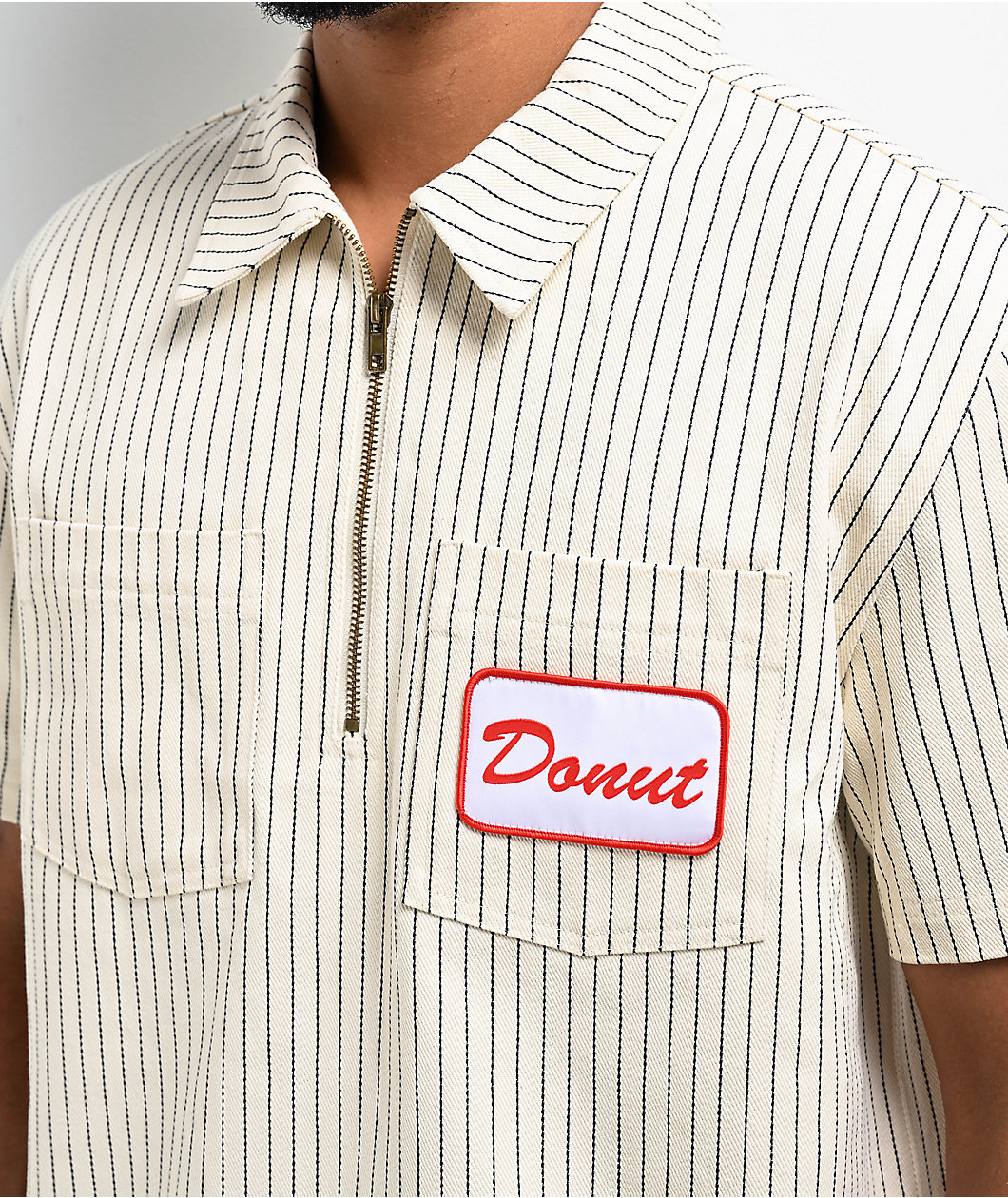 Donut Cream Pinstripe Quarter Zip Work Shirt