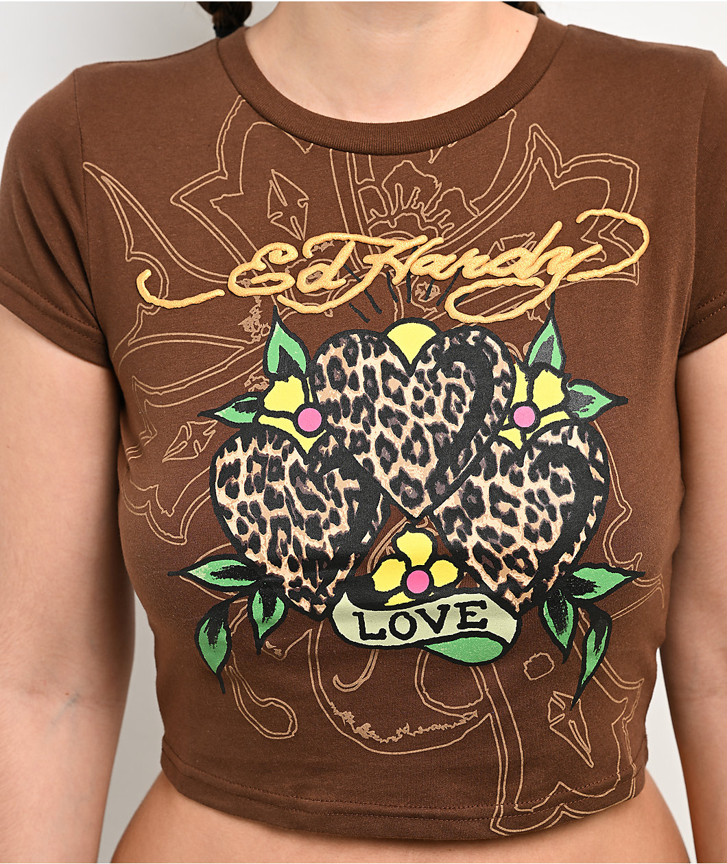 Ed Hardy 3 Hearts Cocoa Crop T-Shirt