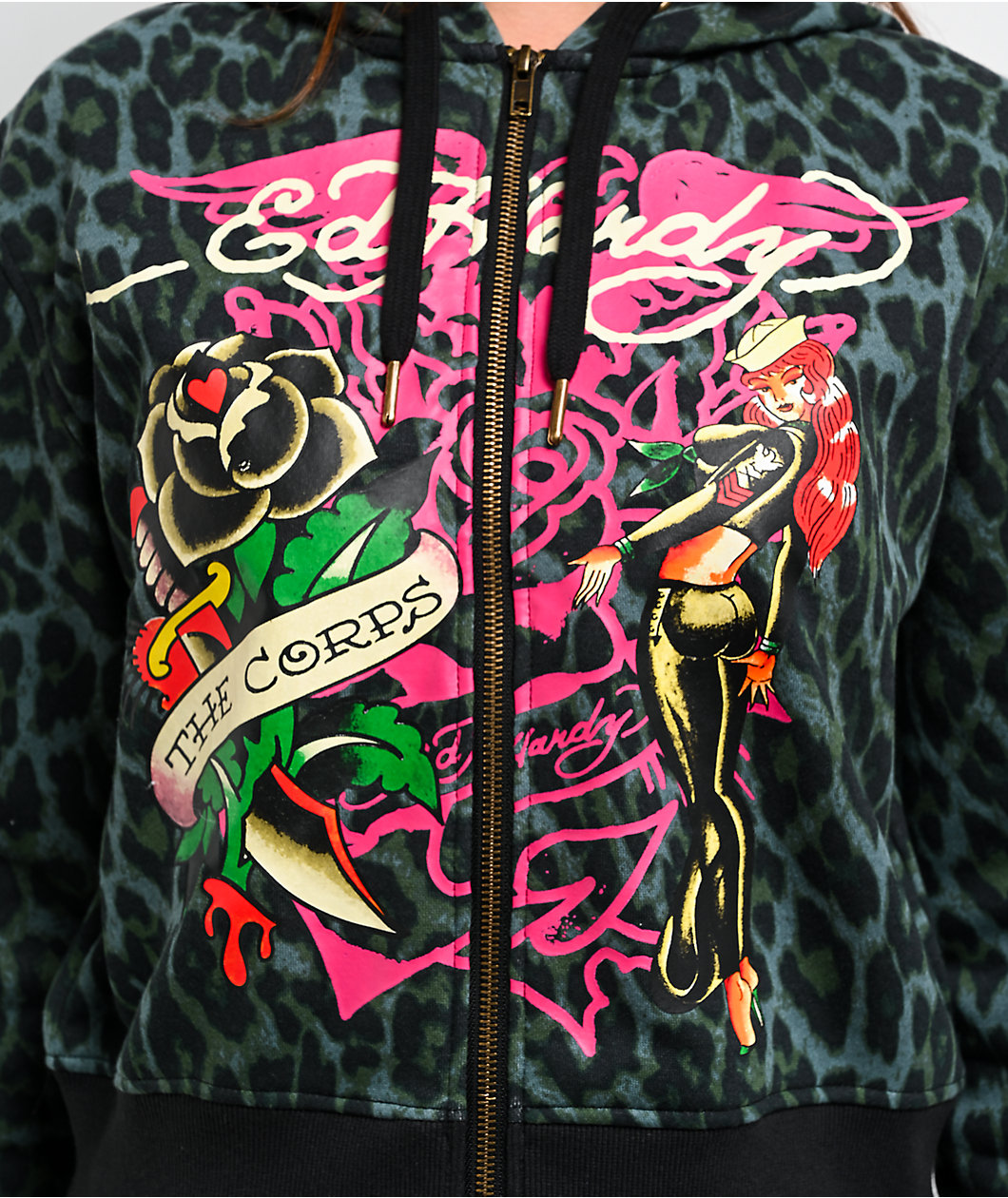 Ed Hardy Anchor Rose Green Leopard Crop Zip Hoodie