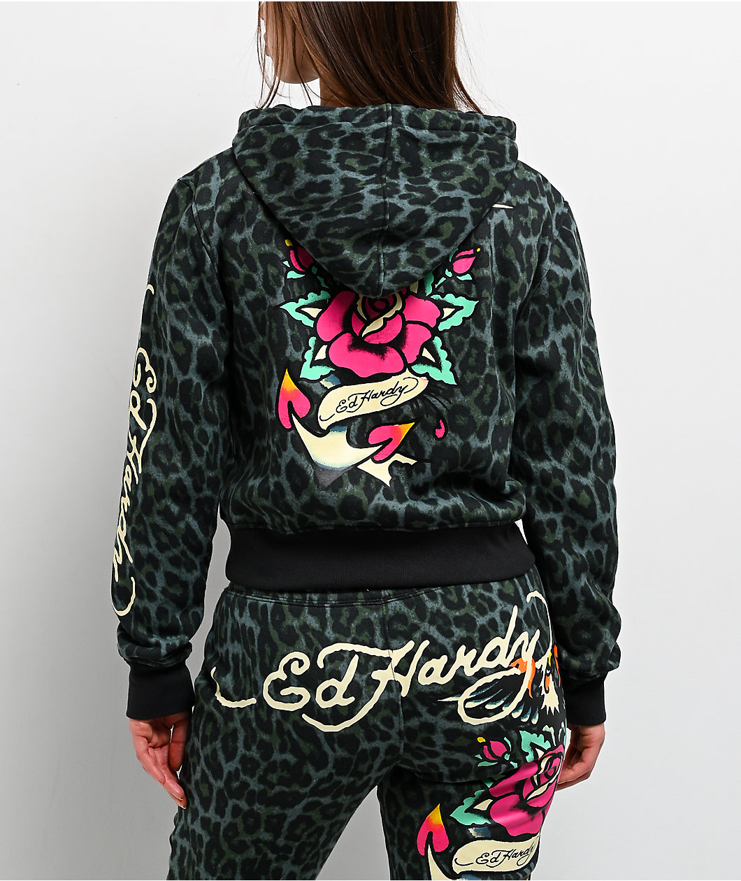 Ed Hardy Anchor Rose Green Leopard Crop Zip Hoodie