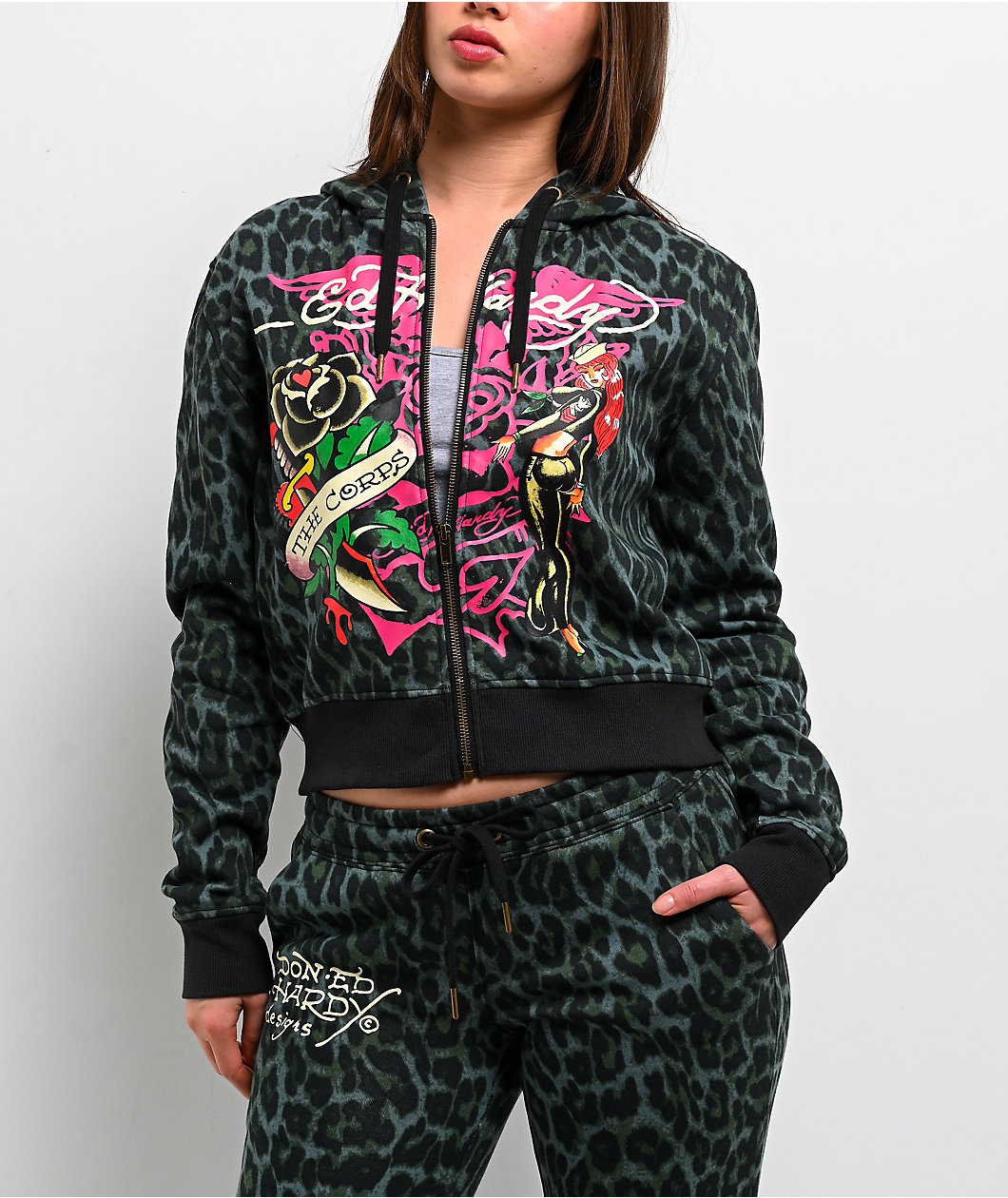 Ed Hardy Anchor Rose Green Leopard Crop Zip Hoodie