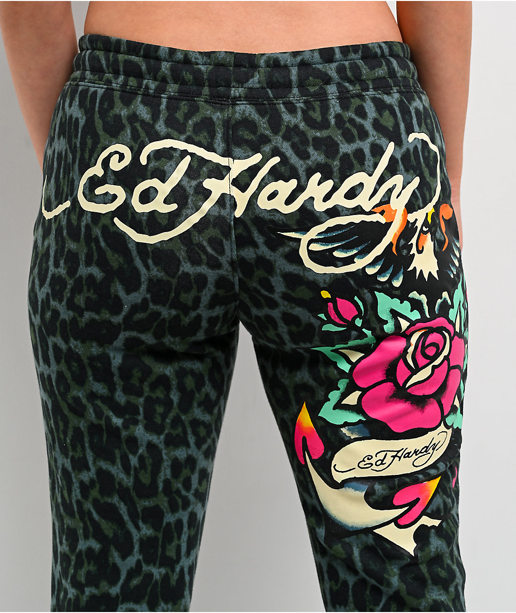 Ed Hardy Anchor Rose Green Leopard Flare Sweatpants