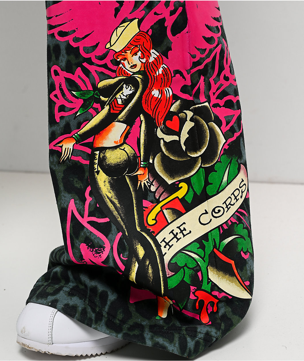 Ed Hardy Anchor Rose Green Leopard Flare Sweatpants