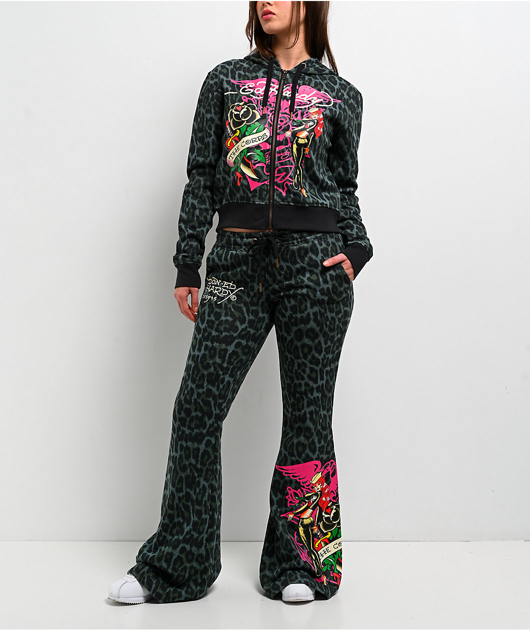 Ed Hardy Anchor Rose Green Leopard Flare Sweatpants