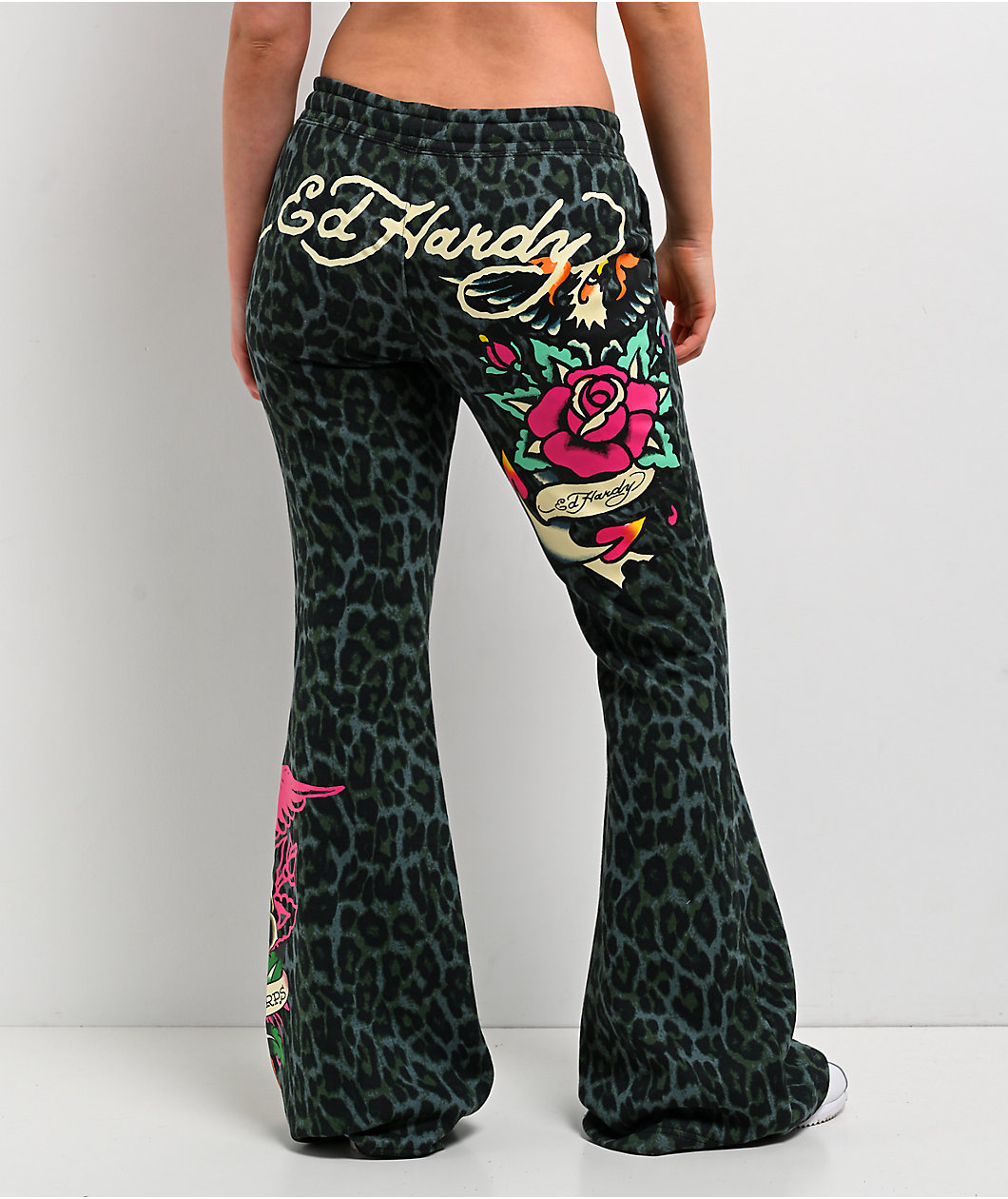 Ed Hardy Anchor Rose Green Leopard Flare Sweatpants