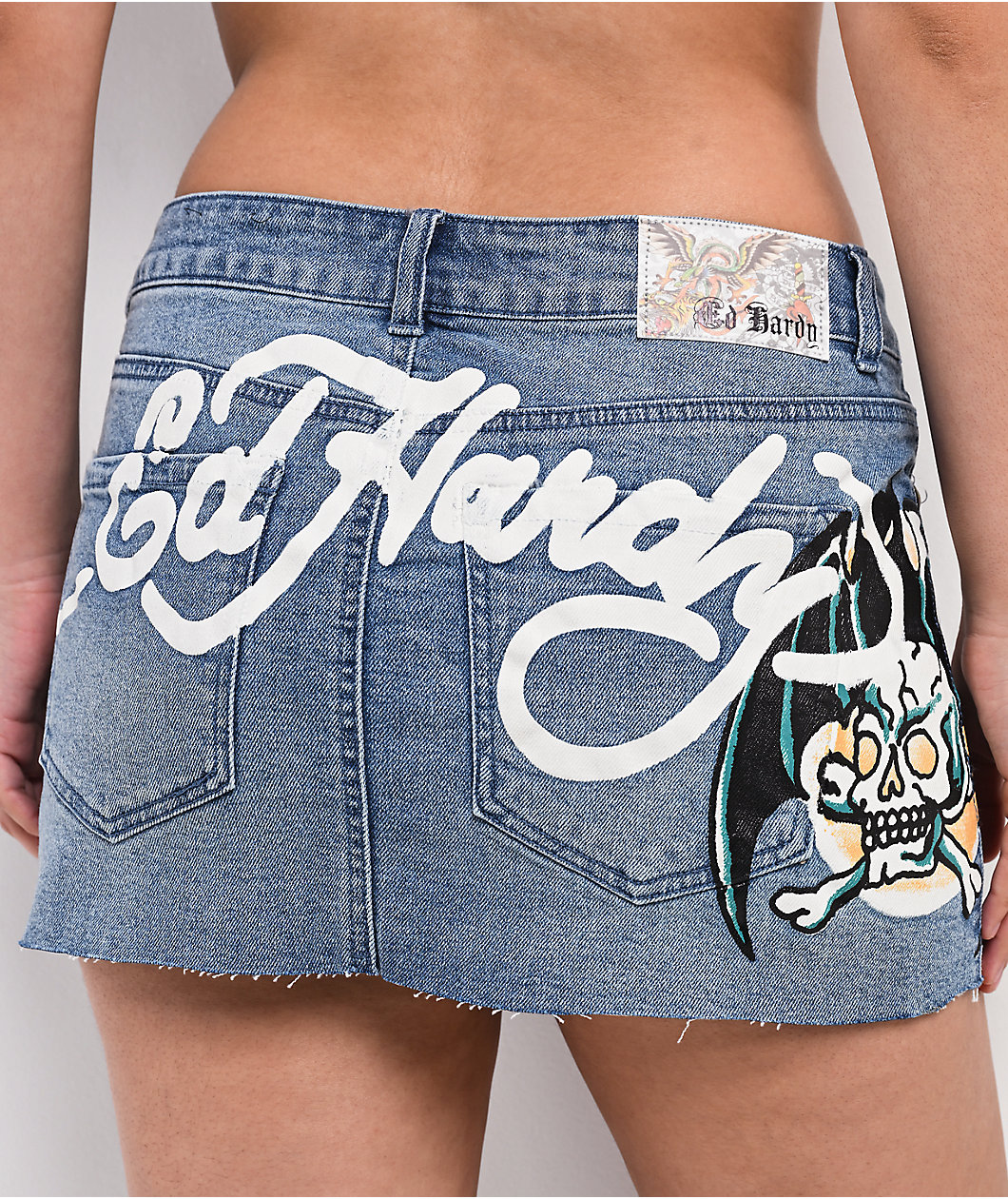 Ed Hardy Bat Blue Denim Cutoff Mini Skirt