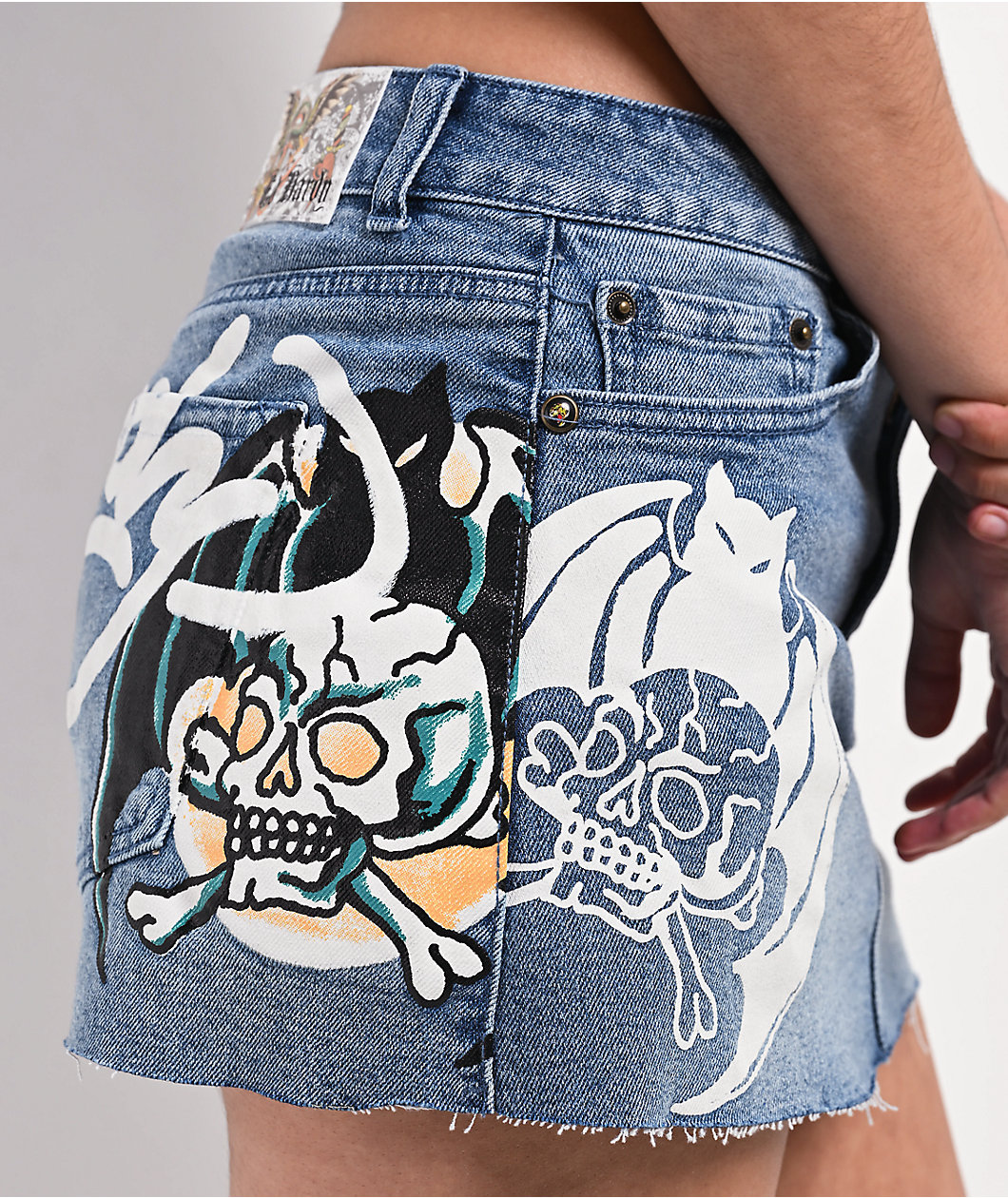Ed Hardy Bat Blue Denim Cutoff Mini Skirt