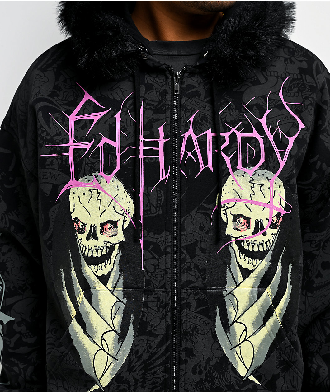 Ed Hardy Bat Skull Faux Fur Black Zip Hoodie