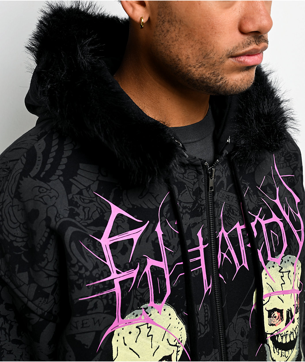 Ed Hardy Bat Skull Faux Fur Black Zip Hoodie