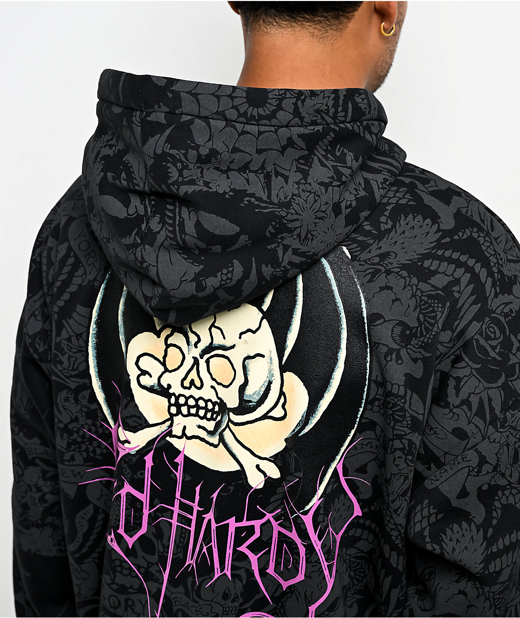 Ed Hardy Bat Skull Faux Fur Black Zip Hoodie