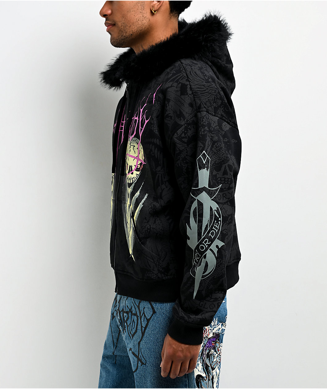 Ed Hardy Bat Skull Faux Fur Black Zip Hoodie