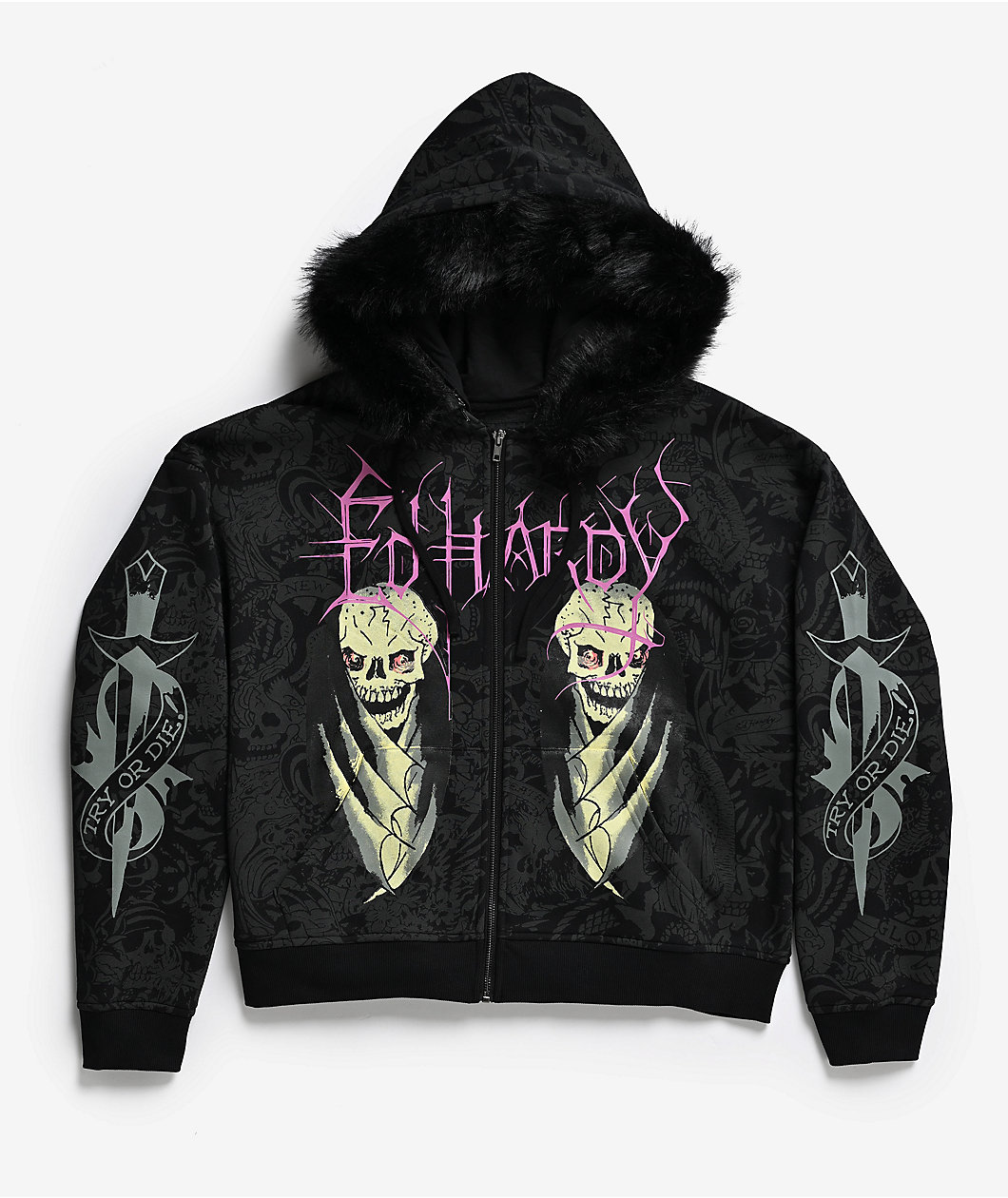 Ed Hardy Bat Skull Faux Fur Black Zip Hoodie