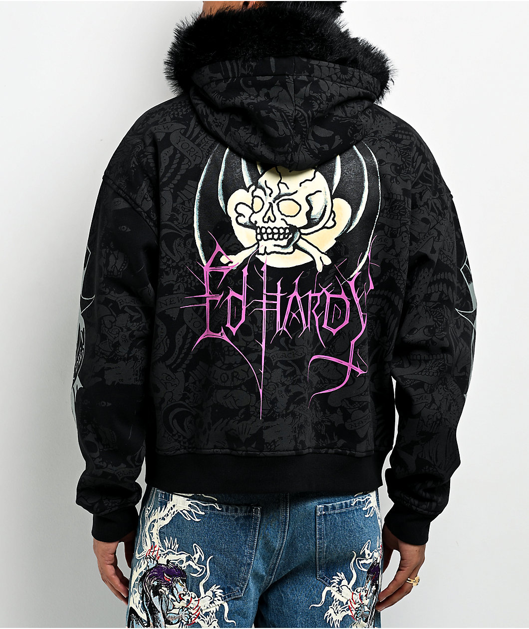 Ed Hardy Bat Skull Faux Fur Black Zip Hoodie