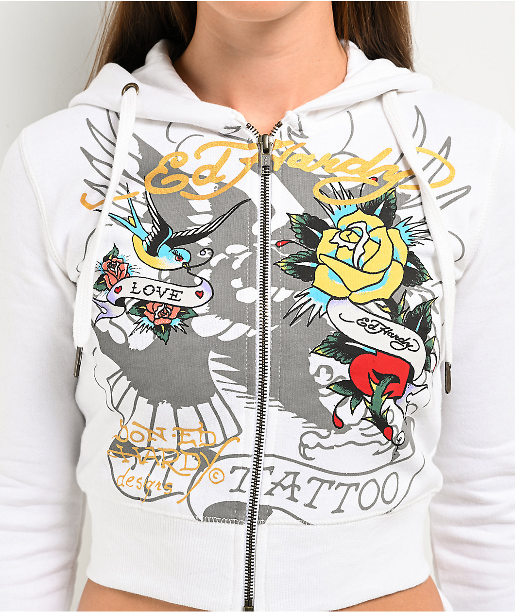 Ed Hardy Brave Eagle Y2K White Crop Zip Hoodie