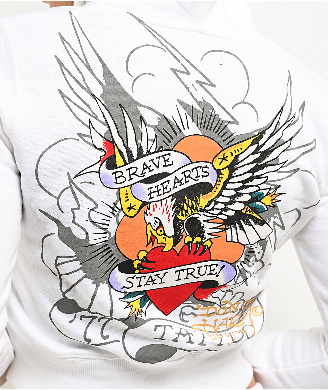 Ed Hardy Brave Eagle Y2K White Crop Zip Hoodie