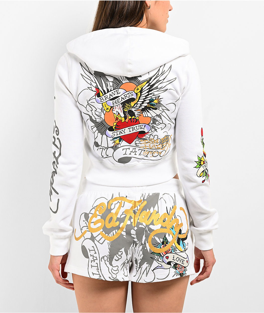 Ed Hardy Brave Eagle Y2K White Crop Zip Hoodie