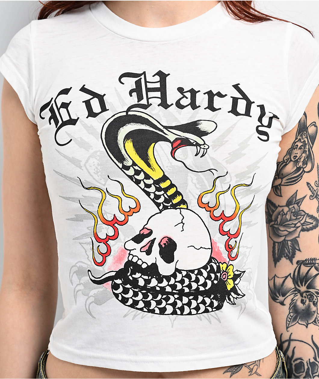 Ed Hardy Cobra Flame Burnout White Crop T-Shirt