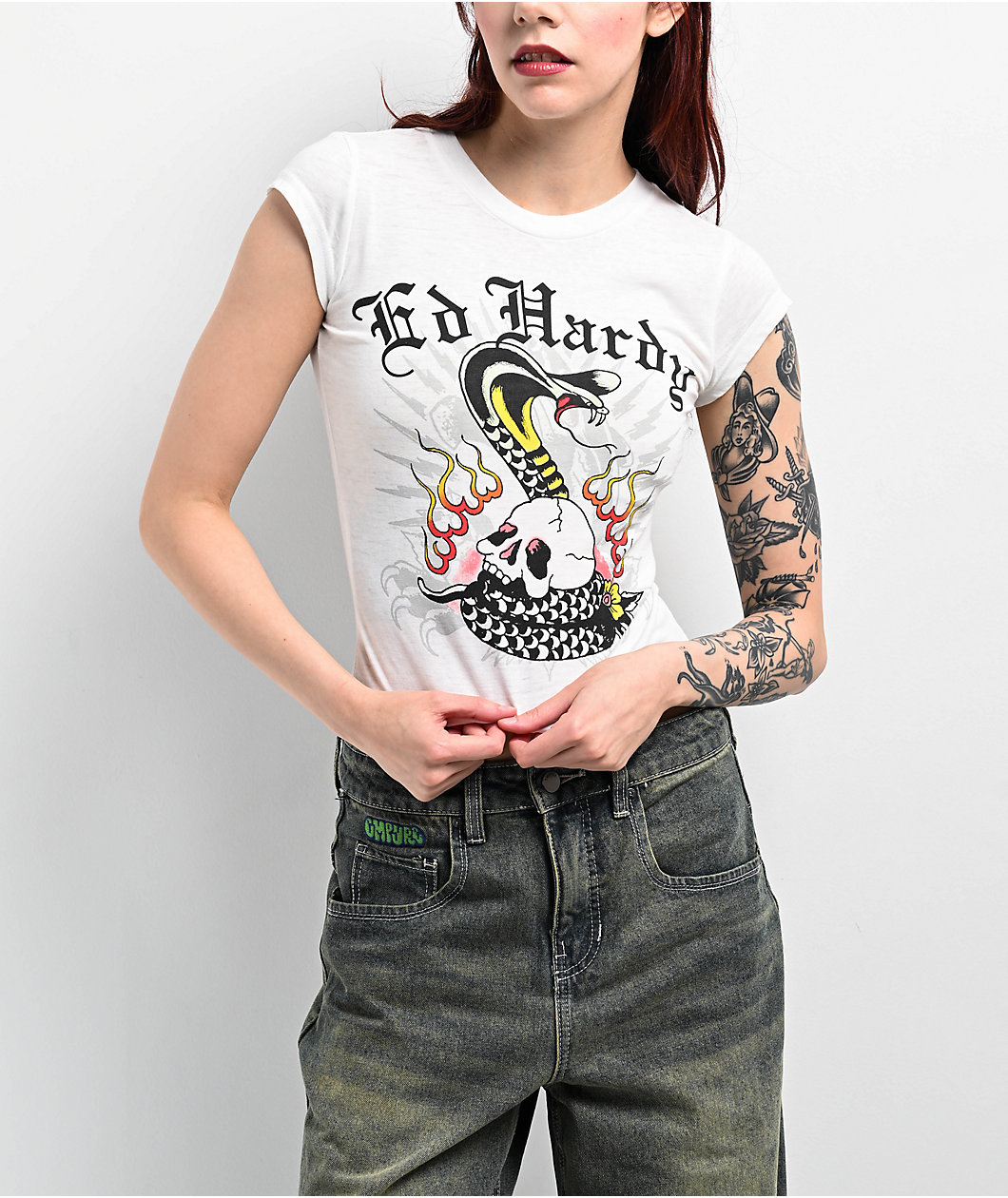 Ed Hardy Cobra Flame Burnout White Crop T-Shirt