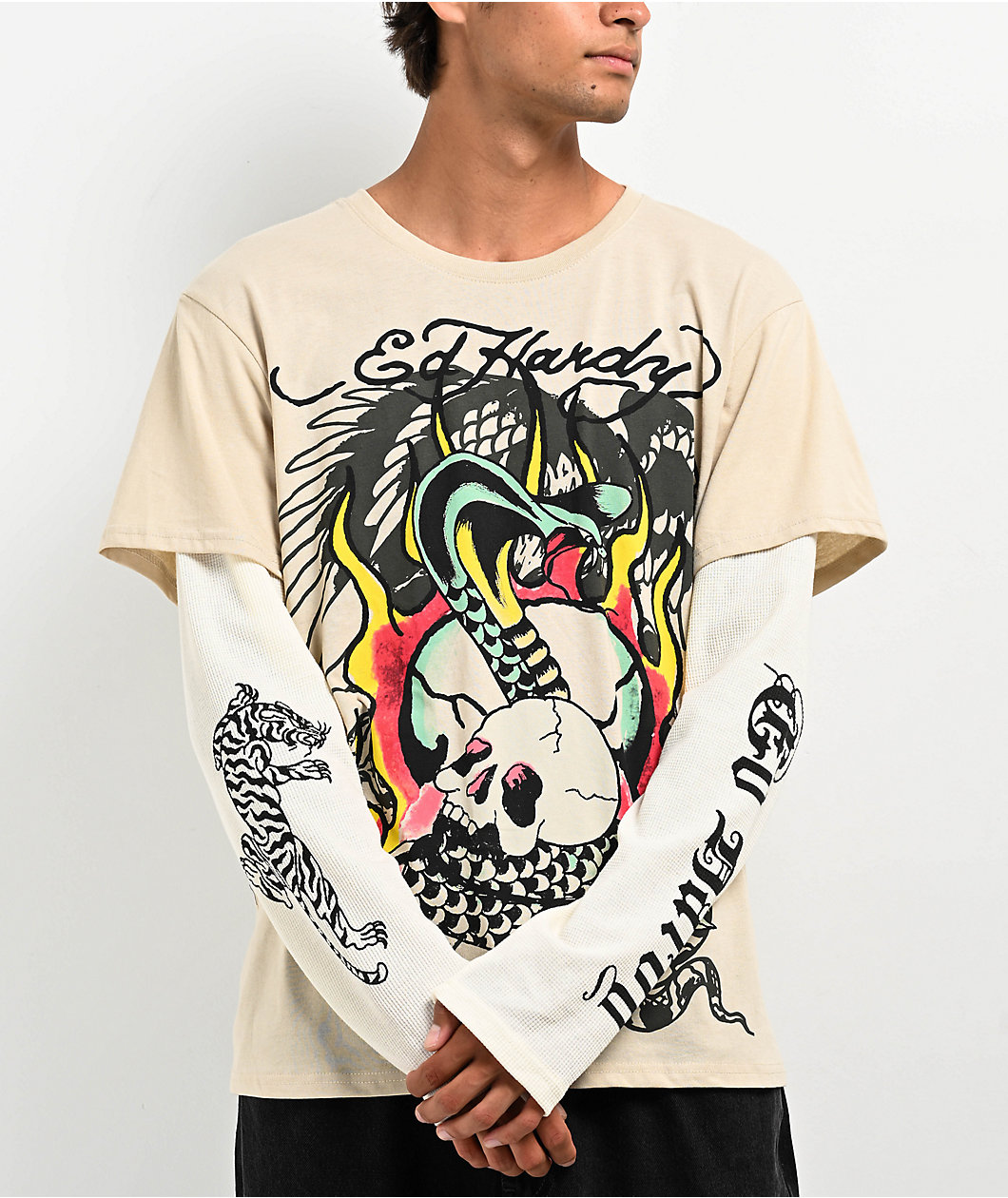 Ed Hardy Cobra Skull Beige & Cream 2fer Long Sleeve T-Shirt