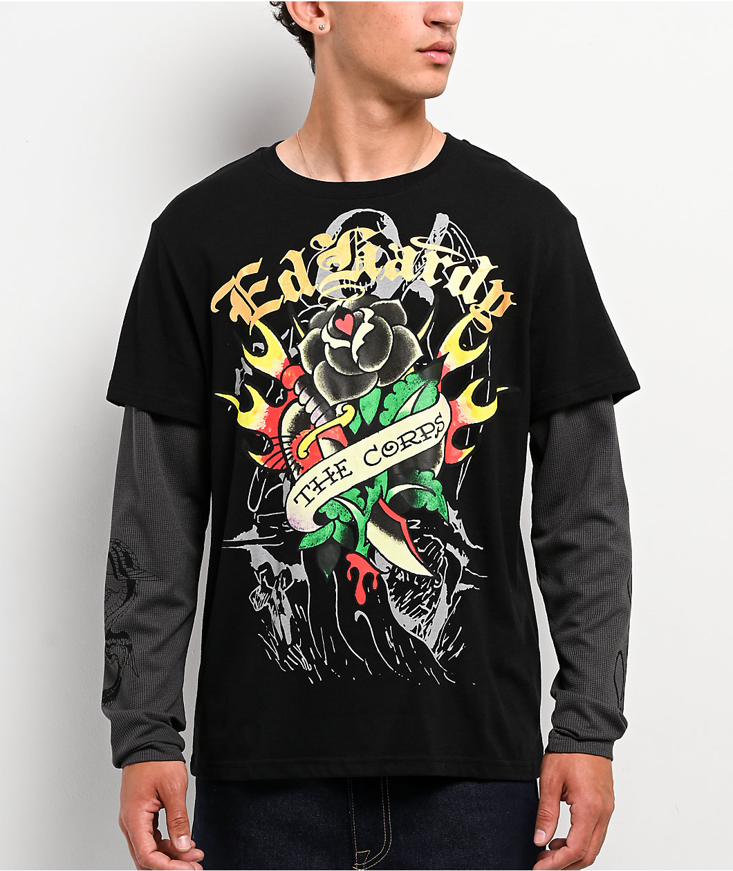 Ed Hardy Corp Dagger Black & Grey 2fer Long Sleeve T-Shirt