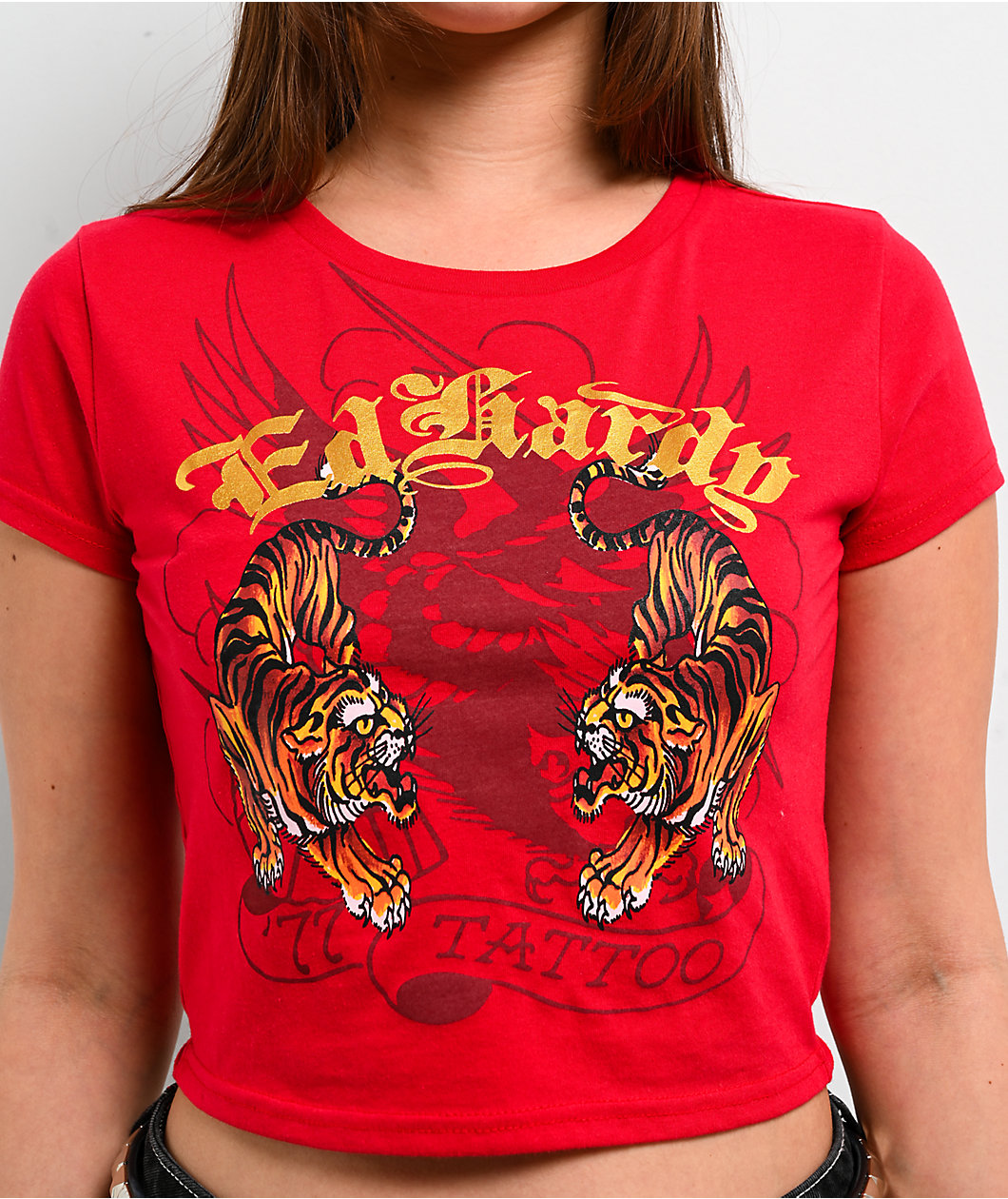Ed Hardy Crawling Tigers Cherry Crop T-Shirt