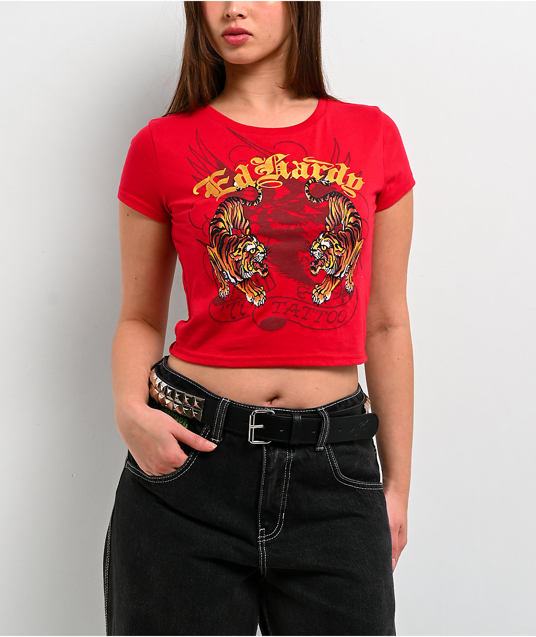 Ed Hardy Crawling Tigers Cherry Crop T-Shirt