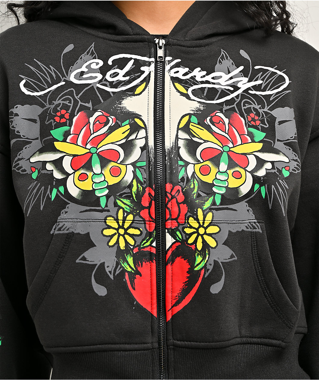Ed Hardy Cross Heart Black Crop Zip Hoodie