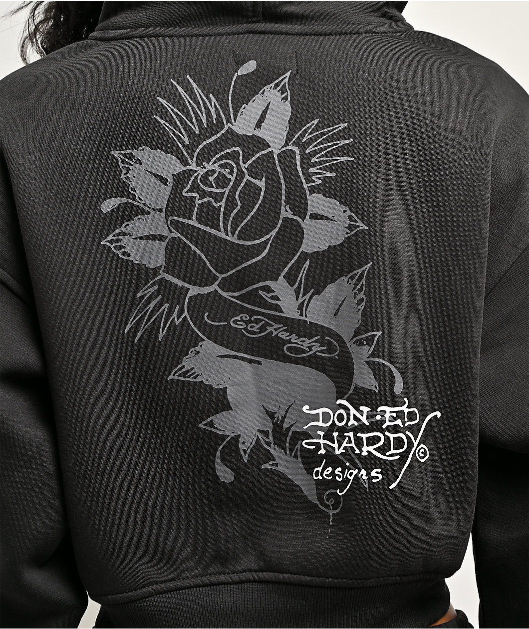Ed Hardy Cross Heart Black Crop Zip Hoodie