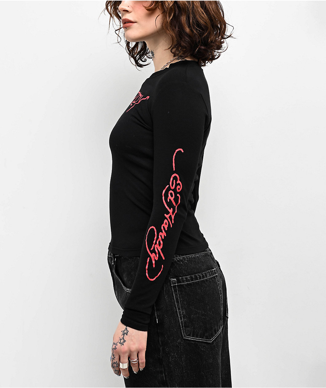 Ed Hardy Cross Heart Black Long Sleeve Crop T-Shirt